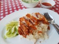 Rice steamed with Fried chicken on pink white grid background table (Hainanese Roasted chicken rice)