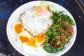 Rice with stir fried pork and basil with soft boiled egg and fried egg sliced ??cucumber Royalty Free Stock Photo