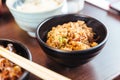 Rice stir fried with sukiyaki soup. Salty-sweet flavors from Shoyu sauce, Wagyu beef, pork and vegetables from sukiyaki hot pot