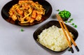 Rice and stir fryied chicken with baby carrots, green beans Royalty Free Stock Photo