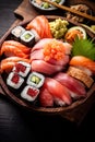 rice sushi fish japan set roll food japanese seafood meal. Generative AI. Royalty Free Stock Photo