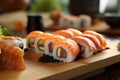 rice sushi fish set japan seafood food meal japanese roll. Generative AI. Royalty Free Stock Photo