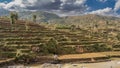 Rice terraces descend in ledges to the river along the hillside. Royalty Free Stock Photo