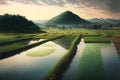 Rice terraces at sunset in Hangzhou, China. This is a 3d render illustration