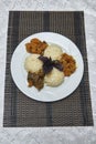 Rice with three different side dishes food testy studio light