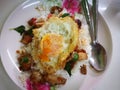 Rice topped egg with stir fried beef and basil thailand streetfoods