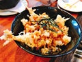 Rice topped with Japanese Shrimp tempura. Royalty Free Stock Photo