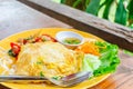 Rice topped with omelette served with stir-fried pork, basil lea Royalty Free Stock Photo