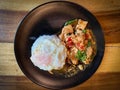 Rice topped with stir-fried chicken and basil with fried egg Royalty Free Stock Photo