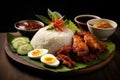 Rice topped with stir-fried chicken wings and served with boiled egg, Nasi Lemak wrapped in banan leaf. Malaysian Food and