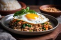 Rice topped with stir-fried pork and basil with fried egg