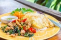 Rice topped with stir-fried pork, basil leaves and chili served Royalty Free Stock Photo