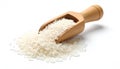 rice on a traditional wooden spoon against a white background Royalty Free Stock Photo