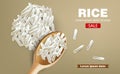 Rice Vector realistic. Wood spoon full of grains detailed 3d illustration close ups