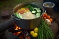 rice and vegetable ingredients in a pot, ready to cook over campfire