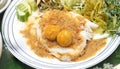 Rice vermicelli with fish curry sauce and vegetable close up