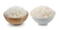 Rice in a white bowl and wood bowl on white background Royalty Free Stock Photo