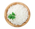 Rice in a wooden bowl isolated on white background. Top view. Flat lay Royalty Free Stock Photo