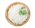 Rice in a wooden bowl isolated on white background. Top view. Flat lay Royalty Free Stock Photo
