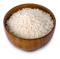 Rice in wooden bowl on white background. Royalty Free Stock Photo