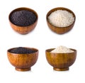 Rice in wooden bowl on white background. Royalty Free Stock Photo