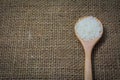 Rice with wooden Spoon on sack background Royalty Free Stock Photo