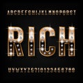 Rich alphabet font. Ornate golden beveled letters and numbers with diamond gemstones.