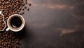 Rich background with coffee beans and a cup of freshly brewed coffee.