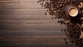 Rich background with coffee beans and a cup of freshly brewed coffee.