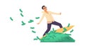 Rich banker. Cartoon happy wealthy man riding surfboard on heaps of banknotes. Financial success concept. Businessman