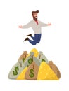 Rich banker. Isolated happy man on finance money stack vector flat image