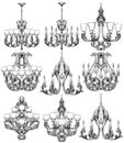 Rich Baroque Classic chandelier set. Luxury decor accessory design. Vector illustration sketch