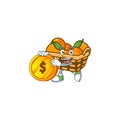 Rich basket oranges mascot cartoon design style with gold coin Royalty Free Stock Photo