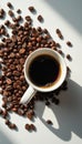 Rich black coffee in a white mug surrounded by roasted coffee beans Royalty Free Stock Photo