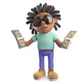 Rich black man with dreadlocks holding wads of dollar bills, 3d illustration