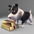 Rich black and white puppy dog with a stack of gold bullion ingots, 3d illustration