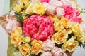 Rich bouquet flowers of different colors mixed in woman hand . Royalty Free Stock Photo
