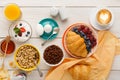 Continental breakfast menu on woden table Royalty Free Stock Photo