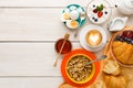 Rich breakfast menu on wooden table, copy space Royalty Free Stock Photo