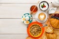 Rich breakfast menu on wooden table, copy space Royalty Free Stock Photo