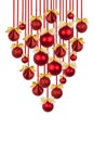 Rich bunch or upside down Christmas tree of shiny red balls with golden bows hanging on ribbons isolated on white background. Royalty Free Stock Photo