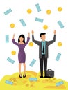 Rich business couple money rain vector illustration. Man and woman financial success. Happy successful businessmen money Royalty Free Stock Photo