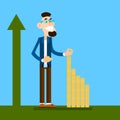 Rich Business Man Build Financial Graph With Coin, Arrow Up Wealth Growth Concept