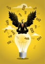 Rich businessman with angel wings on lightbulb idea with money banknote