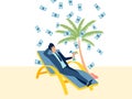 A rich businessman is resting on the beach. Beach holiday background. Flat style. Cartoon raster