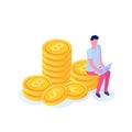Rich businessman sitting on coin, bitcoin columns isometric concept.