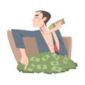 Rich Businessman Sitting in Pile of Money, Wealthy Person, Millionaire Character, Financial Success, Profit, Income