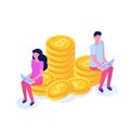 Rich businesswoman and businessman sitting on coin, bitcoin columns isometric concept.