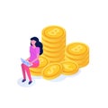 Rich businesswoman sitting on coin, bitcoin columns isometric concept.