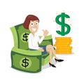 Rich businesswoman sitting on money dollar bills